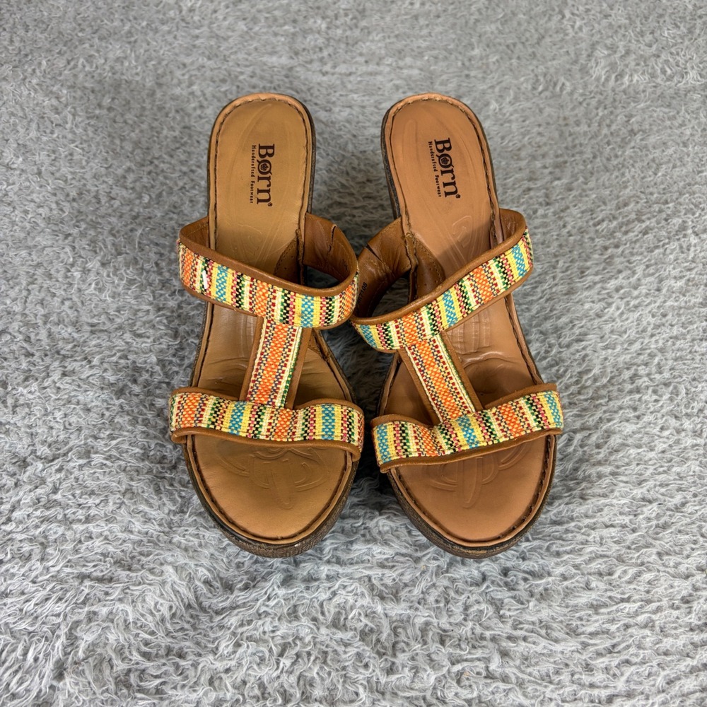 Born B67108 Womens Multi-Color Woven T-Strap Wedge Sandals Brown Leather Size 10
